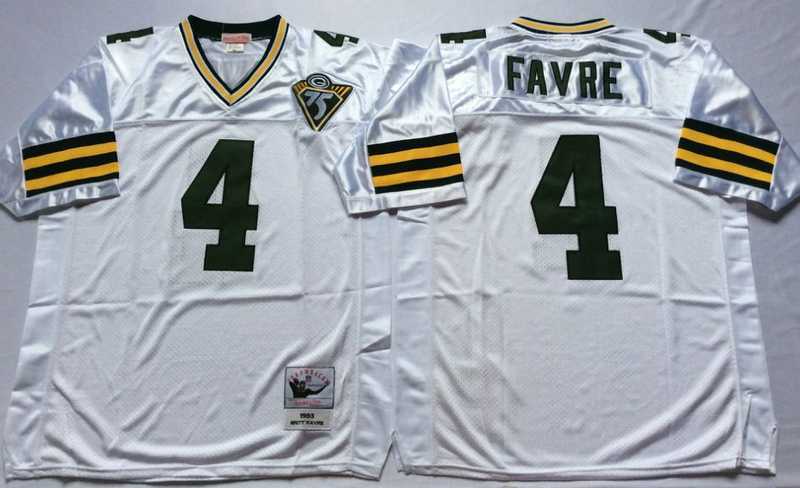 Mens Green Bay Packers #4 Brett Favre White Throwback Stitched Football Jersey