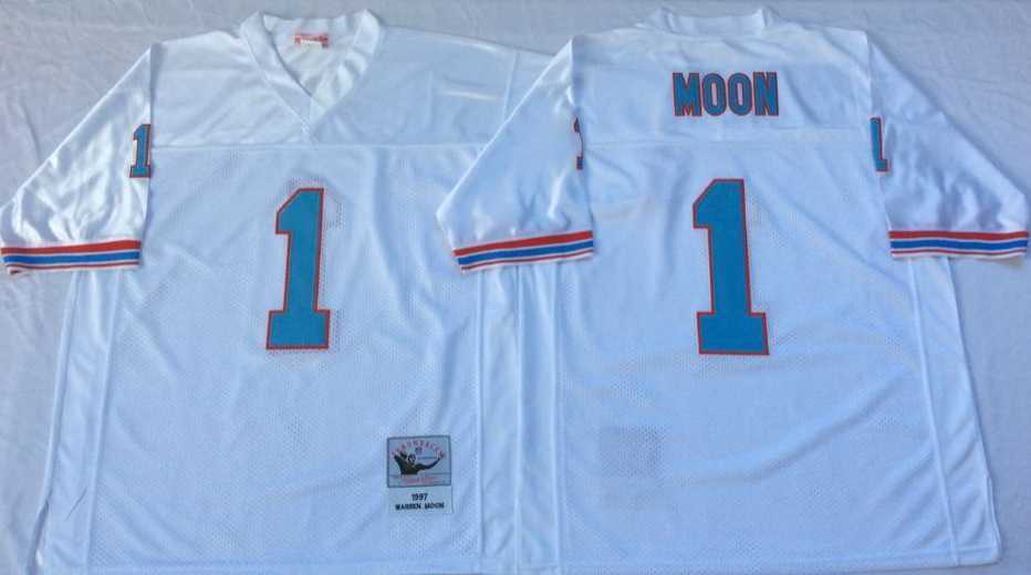 Mens Houston Oilers #1 Warren Moon White Throwback Stitched Football Jersey