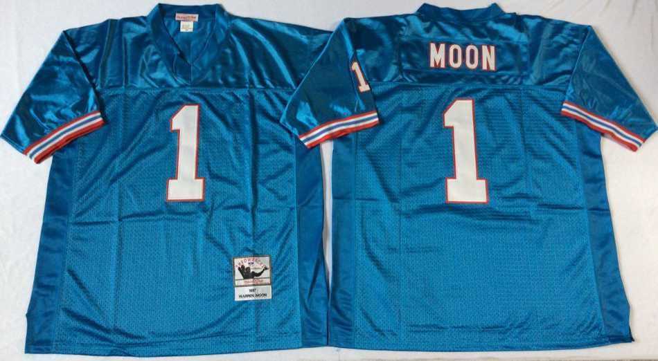 Mens Houston Oilers #1 Warren Moon Blue Throwback Stitched Football Jersey