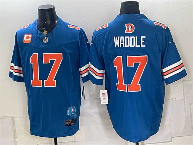 Mens Denver Broncos #17 Jaylen Waddle Blue F.U.S.E. With 2-Star C Patch Throwback Vapor Limited Stitched Jersey Dzhi
