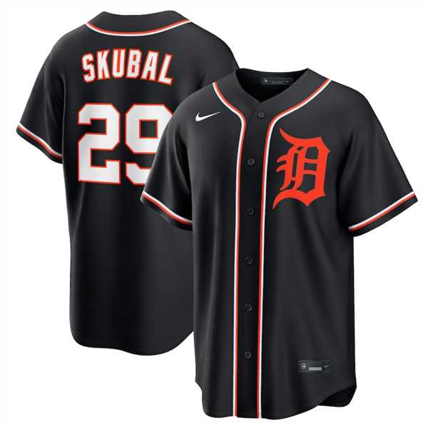 Mens Detroit Tigers #29 Tarik Skubal Black Out Stitched Jersey Dzhi