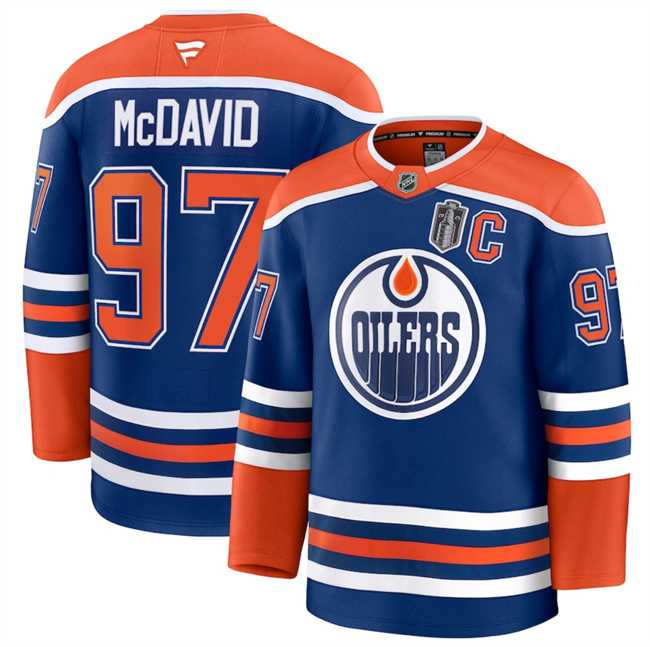 Mens Edmonton Oilers #97 Connor McDavid Royal 2025 Stanley Cup Final Patch And C Patch Stitched Hockey Jersey Dzhi