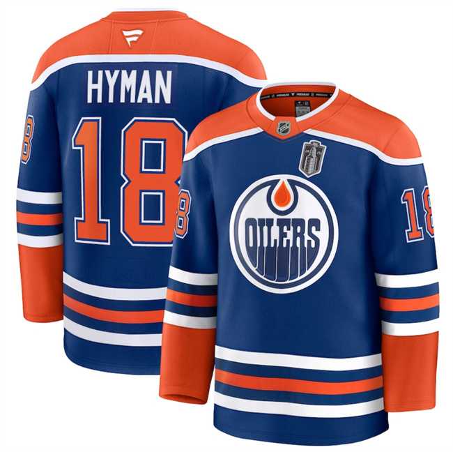 Mens Edmonton Oilers #18 Zach Hyman Royal 2025 Stanley Cup Final Patch Stitched Hockey Jersey Dzhi