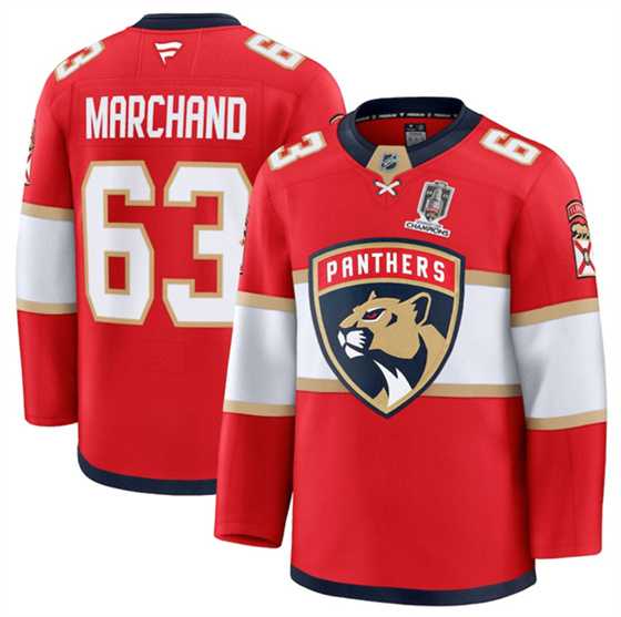 Mens Florida Panthers #63 Brad Marchand Red Home 2025 Stanley Cup Champions Patch Stitched Hockey Jersey Dzhi