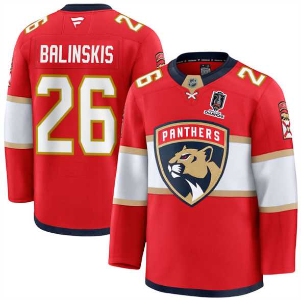 Mens Florida Panthers #26 Uvis Balinskis Red Home 2025 Stanley Cup Champions Patch Stitched Jersey Dzhi