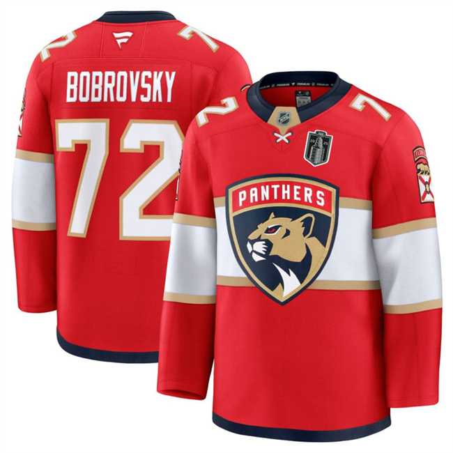Mens Florida Panthers #72 Sergei Bobrovsky Red 2025 Stanley Cup Final Patch Stitched Hockey Jersey Dzhi
