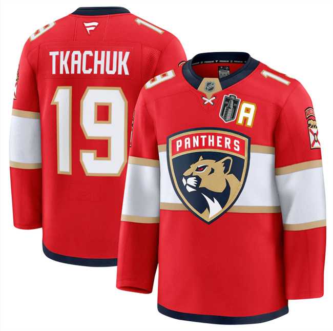 Mens Florida Panthers #19 Matthew Tkachuk Red 2025 Stanley Cup Final Patch Stitched Hockey Jersey Dzhi
