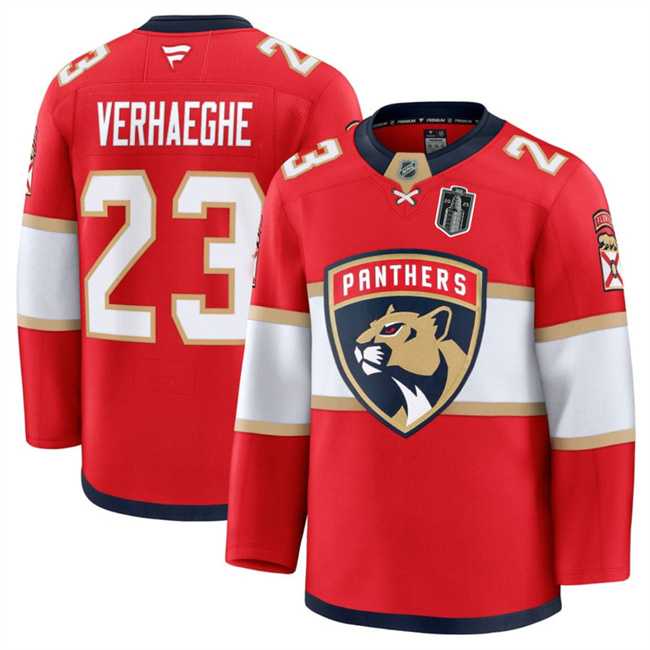 Mens Florida Panthers #23 Carter Verhaeghe Red 2025 Stanley Cup Final Patch Stitched Hockey Jersey Dzhi