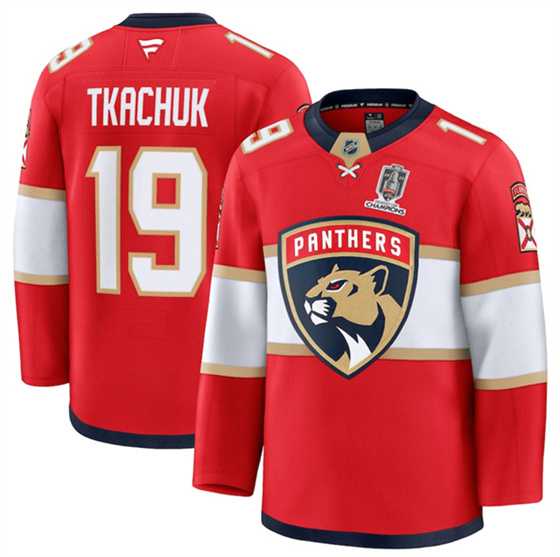 Mens Florida Panthers #19 Matthew Tkachuk Red Home 2025 Stanley Cup Champions Patch Stitched Hockey Jersey Dzhi