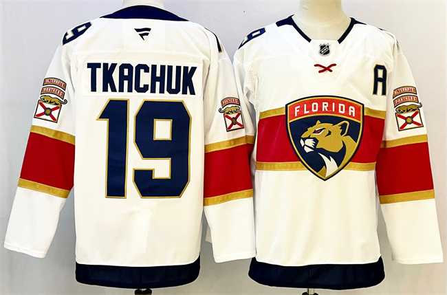 Mens Florida Panthers #19 Matthew Tkachuk White 2024-25 Home With A Patch Stitched Hockey Jersey