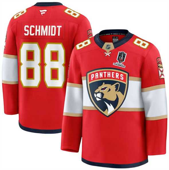 Mens Florida Panthers #88 Nate Schmidt Red Home 2025 Stanley Cup Champions Patch Stitched Jersey Dzhi