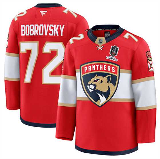 Mens Florida Panthers #72 Sergei Bobrovsky Red Home 2025 Stanley Cup Champions Patch Stitched Hockey Jersey Dzhi