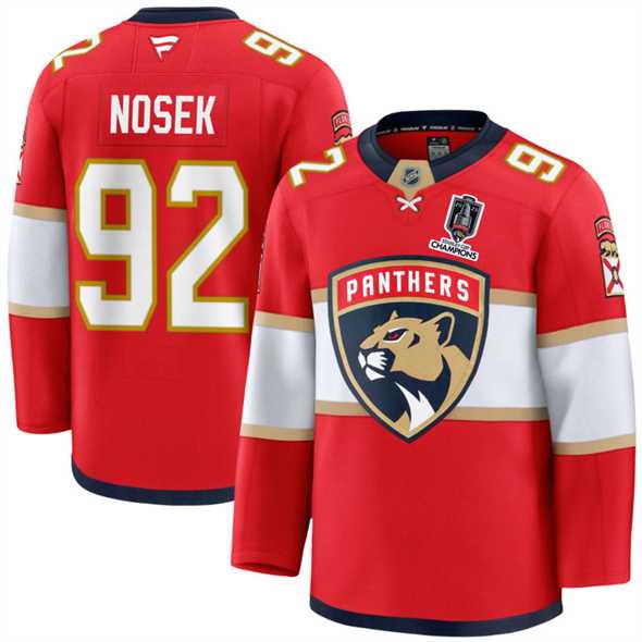 Mens Florida Panthers #92 Tomas Nosek Red Home 2025 Stanley Cup Champions Patch Stitched Jersey Dzhi
