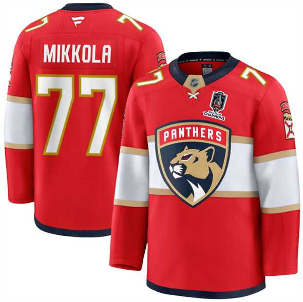 Mens Florida Panthers #77 Niko Mikkola Red Home 2025 Stanley Cup Champions Patch Stitched Jersey Dzhi