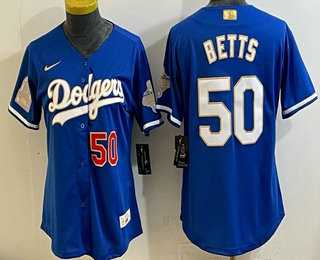 Womens Los Angeles Dodgers #50 Mookie Betts Blue 2026 Gold Collection Stadium Jersey->mlb womens jerseys->MLB Jersey