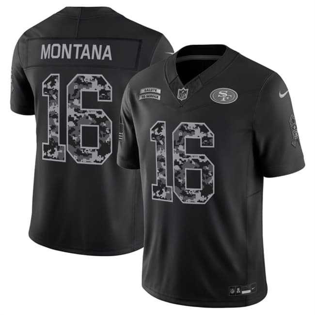 Mens San Francisco 49ers #16 Joe Montana Black 2026 F.U.S.E. Salute to Service Limited Stitched Jersey