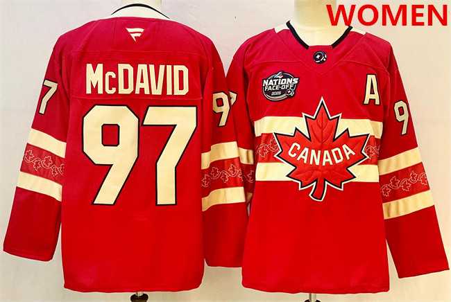 Womens Canada #97 Connor McDavid Red 2025 4 Nations Face-Off Premium With A Patch Stitched Jersey