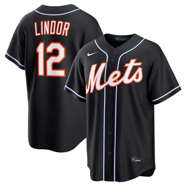 Mens New York Mets #12 Francisco Lindor 2026 Black Out Stitched Jersey Dzhi
