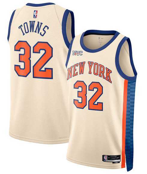 Mens New Yok Knicks #32 Karl-Anthony Towns Cream 2025-26 City Edition Swingman Stitched Jersey Dzhi