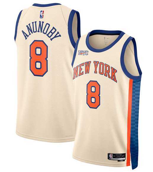 Mens New Yok Knicks #8 OG Anunoby Cream 2025-26 City Edition Swingman Stitched Jersey Dzhi