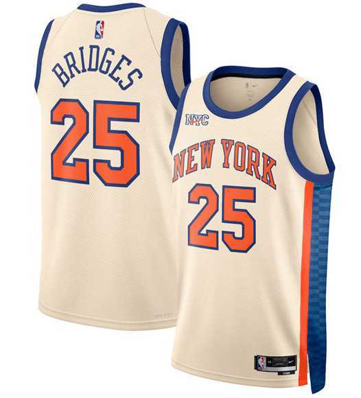 Mens New Yok Knicks #25 Mikal Bridges Cream 2025-26 City Edition Swingman Stitched Jersey Dzhi