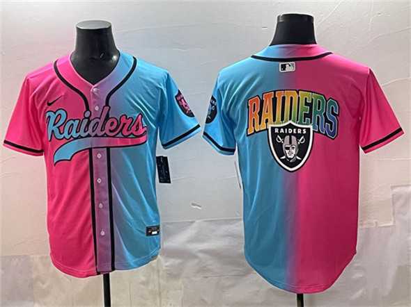 Mens Las Vegas Raiders Team Big Logo Pink Blue Limited Stitched Baseball Jersey