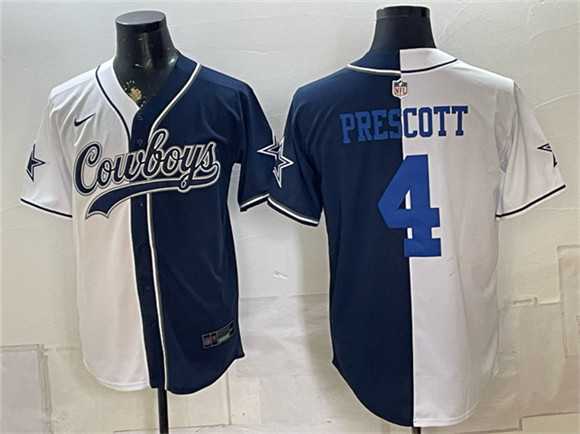 Mens Dallas Cowboys #4 Dak Prescott White Navy Split Stitched Jersey