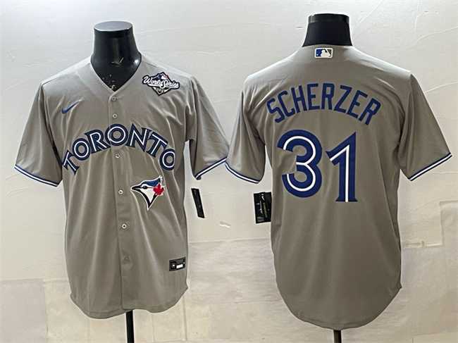 Mens Toronto Blue Jays #31 Max Scherzer Gray 2025 World Series Cool Base Stitched Jersey