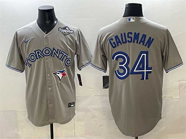 Mens Toronto Blue Jays #34 Kevin Gausman Gray 2025 World Series Cool Base Stitched Jersey