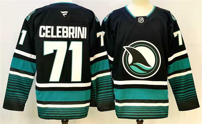 Mens San Jose Sharks #71 Macklin Celebrini Black 2024-25 Alternate Stitched Hockey Jersey