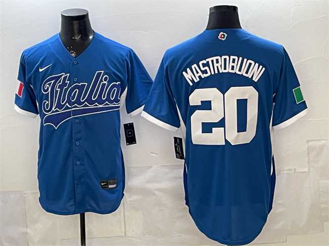 Mens Italy #20 Miles Mastrobuoni Blue 2026 World Baseball Classic Home Stadium Stitched Jersey