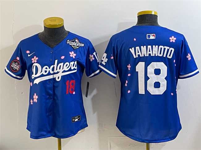 Womens Los Angeles Dodgers #18 Yoshinobu Yamamoto Royal 2025 World Series Patch Tokyo Series Limited Stitched Jersey