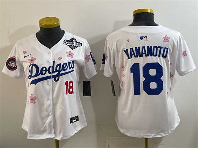 Womens Los Angeles Dodgers #18 Yoshinobu Yamamoto White 2025 World Series Patch Tokyo Series Limited Stitched Jersey