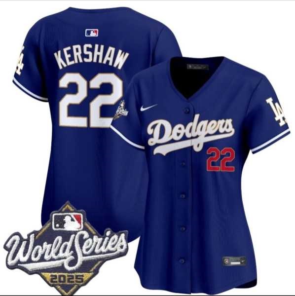 Womens Los Angeles Dodgers #22 Clayton Kershaw Royal 2025 World Series Limited Stitched Jersey