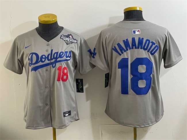 Womens Los Angeles Dodgers #18 Yoshinobu Yamamoto Grey 2025 World Series Patch Limited Stitched Jersey