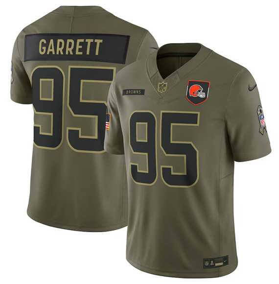 Mens Cleveland Browns #95 Myles Garrett Olive 2025 Salute to Service Limited Stitched Jersey Dyin