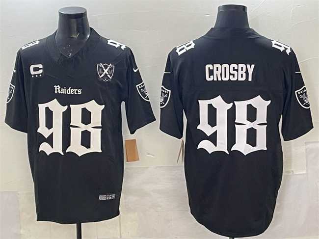 Mens Las Vegas Raiders #98 Maxx Crosby Black F.U.S.E. Gothic Sin City Shadows Edition With 65th Anniversary 3-Star C Patch Vapor Untouchable Limited Stitched Jersey