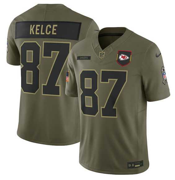 Mens Kansas City Chiefs #87 Travis Kelce Olive 2025 Salute to Service Limited Stitched Jersey Dyin