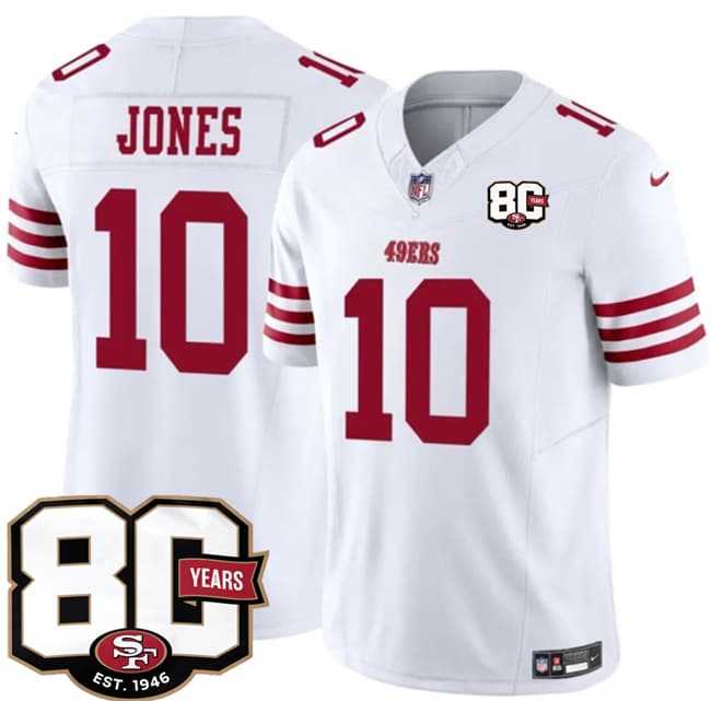 Mens San Francisco 49ers #10 Mac Jones White 80th Anniversary Patch 2026 F.U.S.E. Vapor Untouchable Limited Stitched Jersey Dzhi