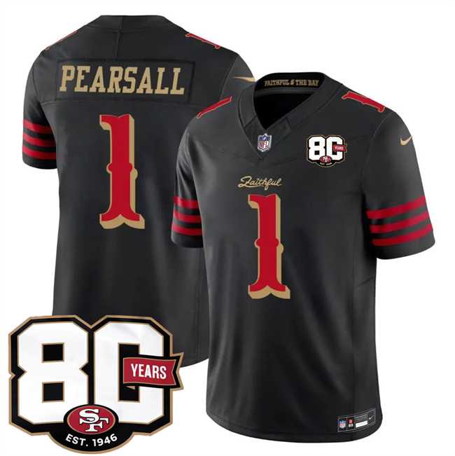 Mens San Francisco 49ers #1 Ricky Pearsall Black 80th Anniversary Patch Rivalries 2026 F.U.S.E. Vapor Untouchable Limited Stitched Jersey Dzhi