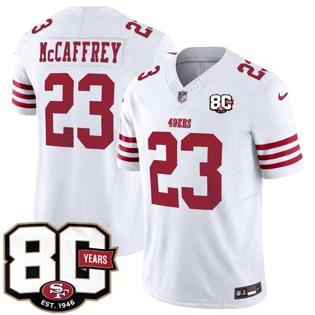 Mens San Francisco 49ers #23 Christian McCaffrey White 80th Anniversary Patch 2026 F.U.S.E. Vapor Untouchable Limited Stitched Jersey Dzhi