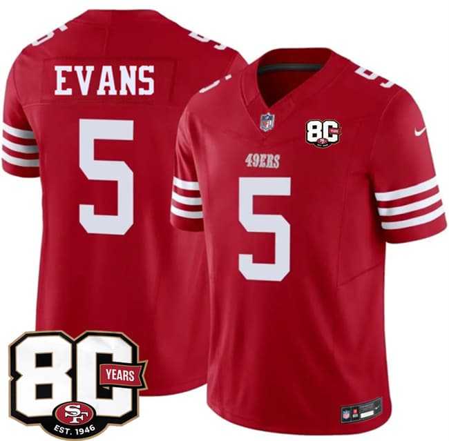 Mens San Francisco 49ers #5 Mike Evans Red 80th Anniversary Patch 2026 F.U.S.E. Vapor Untouchable Limited Stitched Jersey Dzhi