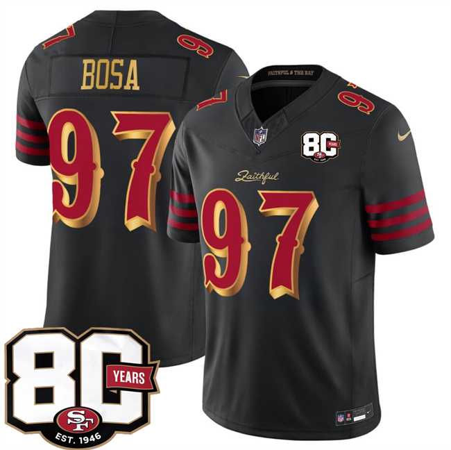 Mens San Francisco 49ers #97 Nick Bosa Black 80th Anniversary Patch Rivalries 2026 F.U.S.E. Vapor Untouchable Limited Stitched Jersey Dzhi