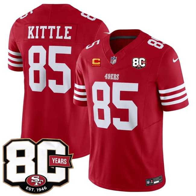 Mens San Francisco 49ers #85 George kittle Red 80th Anniversary Patch And 4-Star C Patch 2026 F.U.S.E. Vapor Untouchable Limited Stitched Jersey Dzhi