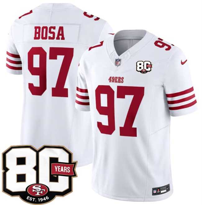 Mens San Francisco 49ers #97 Nick Bosa White 80th Anniversary Patch 2026 F.U.S.E. Vapor Untouchable Limited Stitched Jersey Dzhi