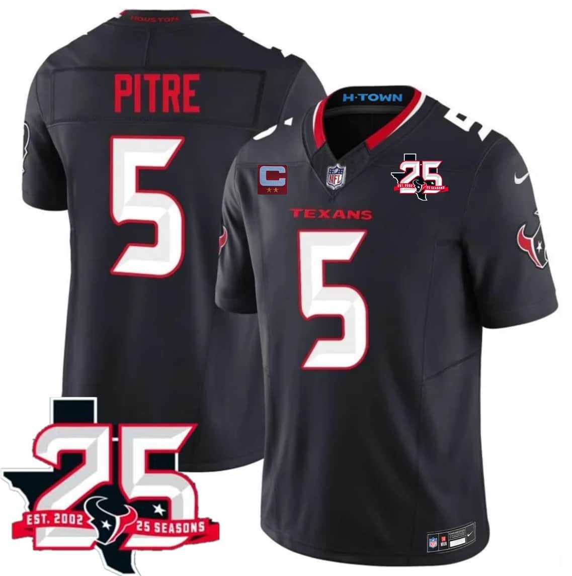 Mens Houston Texans #5 Jalen Pitre Navy 2nd Alternate 2026 With 25th Anniversary Patch And 2-Star C Patch F.U.S.E. Vapor Limited Stitched Jersey