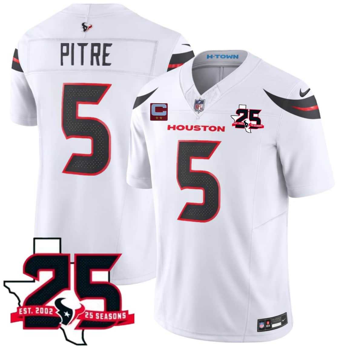 Mens Houston Texans #5 Jalen Pitre White 2026 With 25th Anniversary Patch And 2-Star C Patch F.U.S.E. Vapor Limited Stitched Jersey