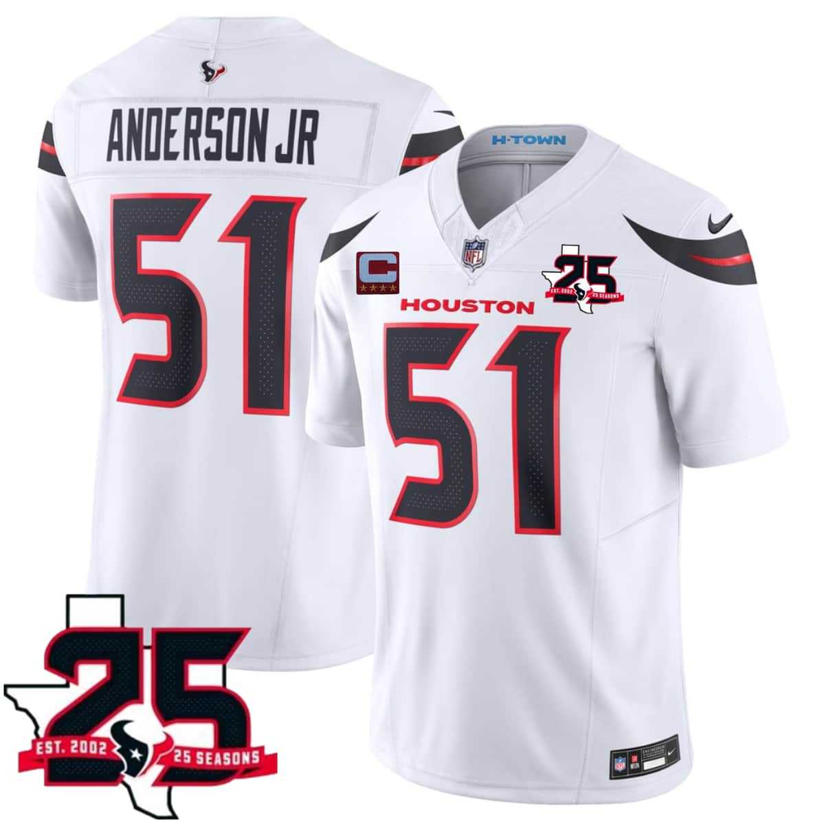 Mens Houston Texans #51 Will Anderson Jr White 2026 With 25th Anniversary Patch And 4-Star C Patch F.U.S.E. Vapor Limited Stitched Jersey