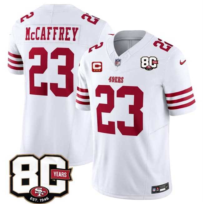 Mens San Francisco 49ers #23 Christian McCaffrey White 2026 F.U.S.E. With 80th Anniversary & 3-Star C Patch Vapor Untouchable Limited Stitched Jersey