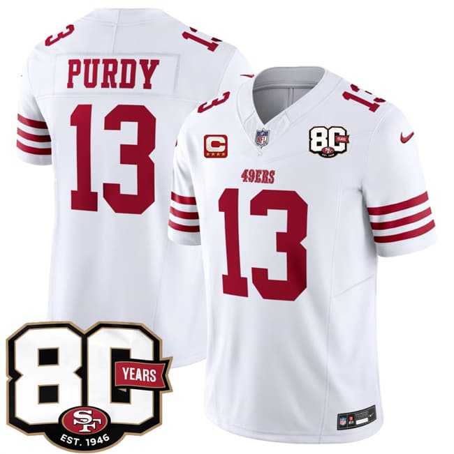 Mens San Francisco 49ers #13 Brock Purdy White 2026 F.U.S.E. With 80th Anniversary & 4-Star C Patch Vapor Untouchable Limited Stitched Jersey